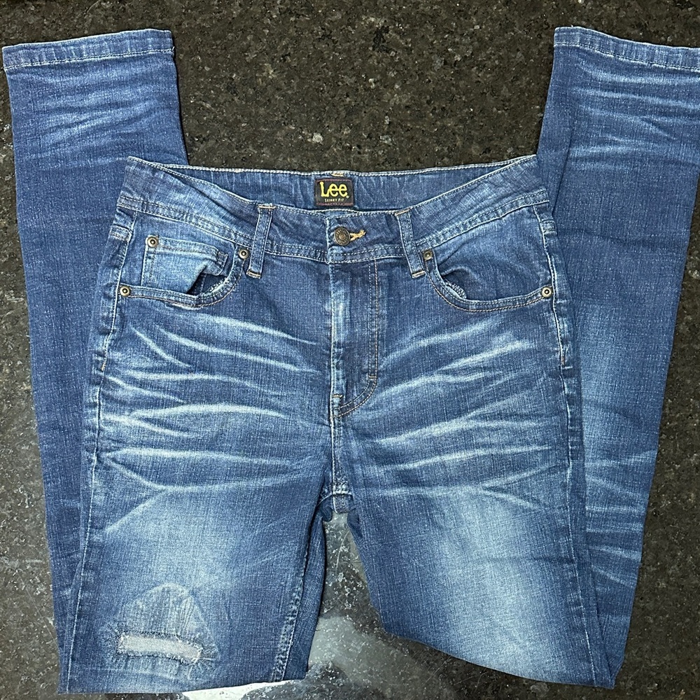 Lee Skinny Fit Jeans Womens 18 Medium Wash Distressed Whiskered Denim